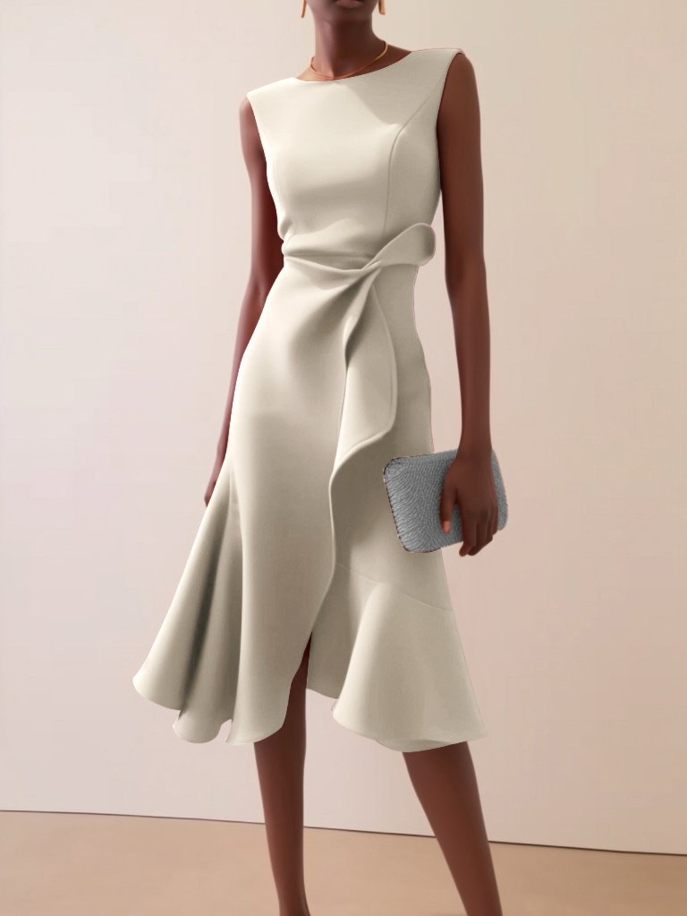 FEHAUTE Apricot White Sleeveless Midi Elegance A-Line Dress Bow Ruffle Size 6